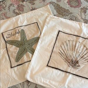 Pottery Barn Cream Accent Pillows with Starfish and Shell Design, 20x20